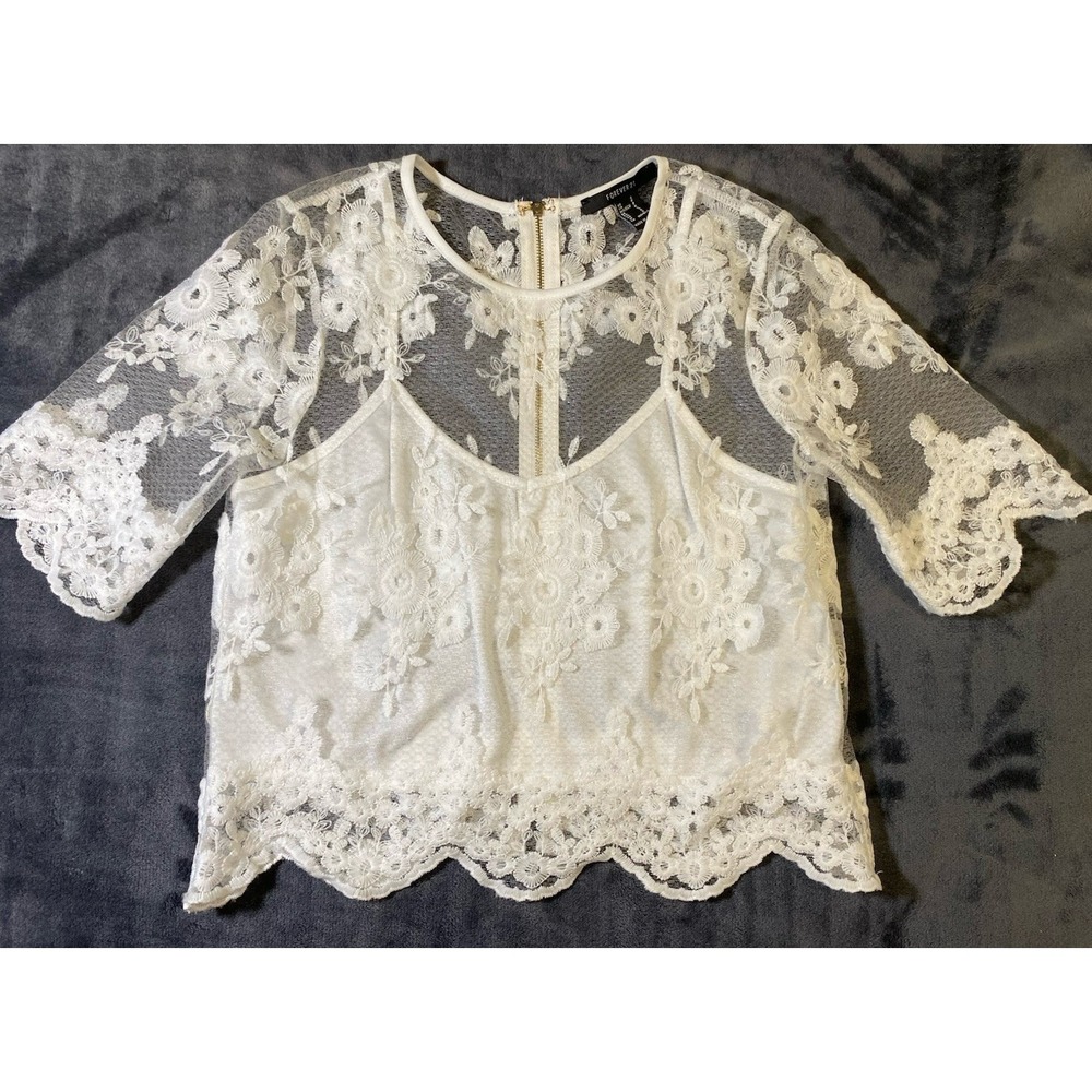 White Lace Crop Top Small Mesh Sheer Bell Sleeve Full Zip Back Camisole Romantic